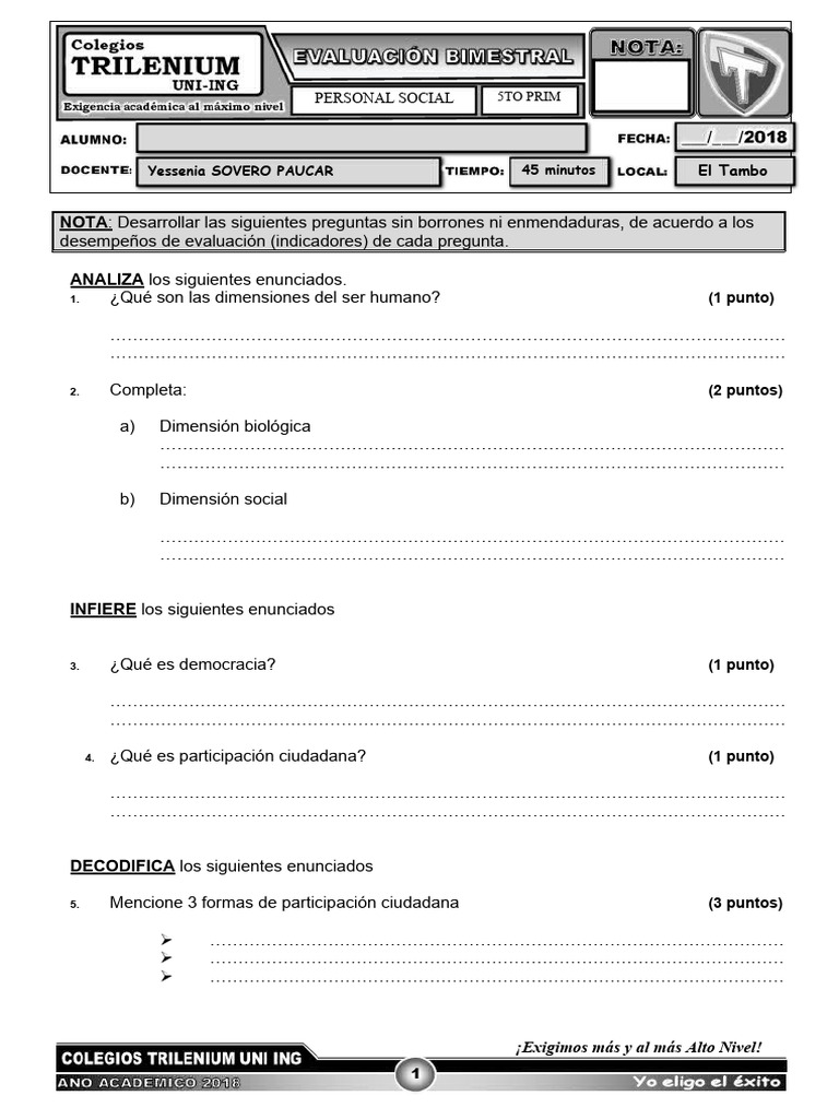 EXAMEN BIMESTRAL DE PERSONAL SOCIAL 5TO DE PRIMARIA | PDF