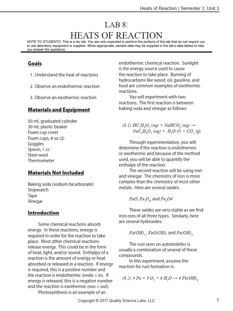 Lab 8 Heats of Reaction PDF Sodium Bicarbonate Chemical Reactions