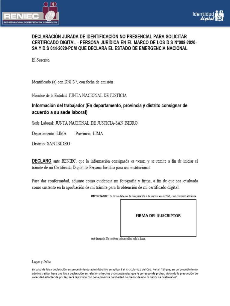 Solicitud de Certificado Digital RENIEC | PDF