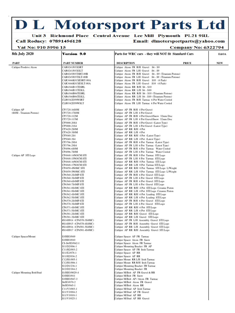 Dokumen - Tips WRC Parts Web List Subaru WRC Spares | PDF