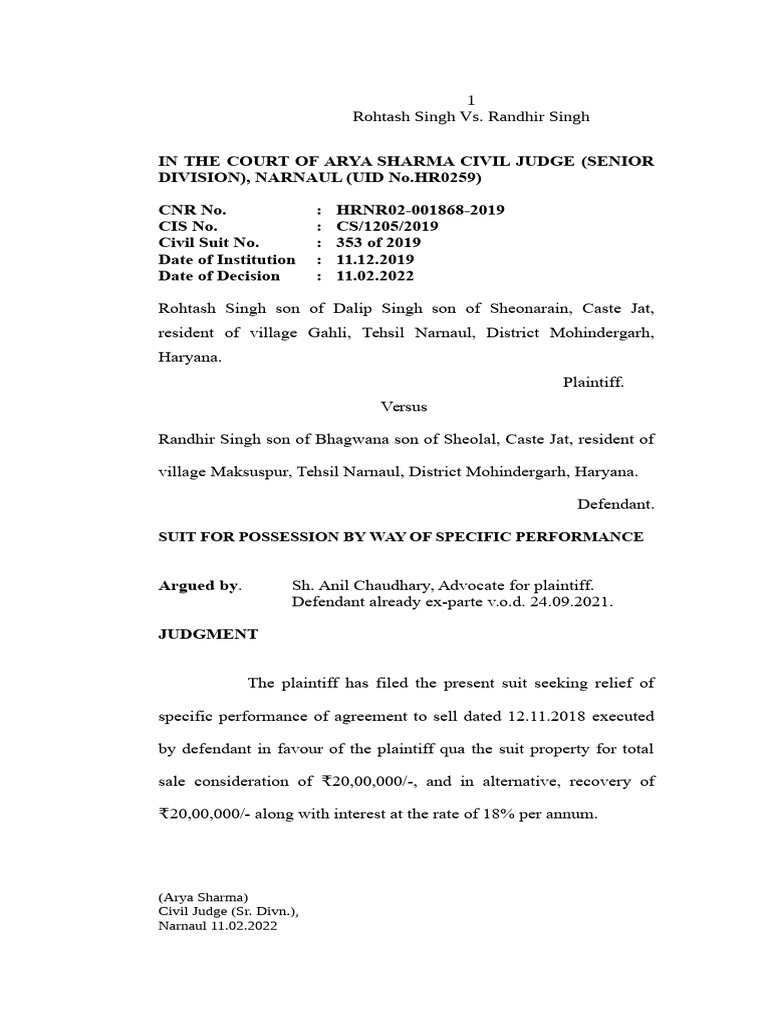 Specific Performance Suit Summary | PDF | Lawsuit | Deed