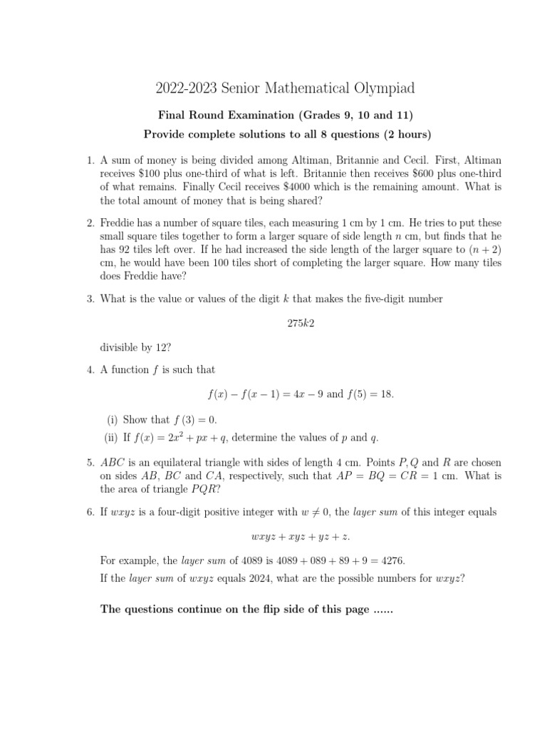 UWI Mathematics Olympiad: Final Round - Grades 9-11 | PDF | Teaching ...