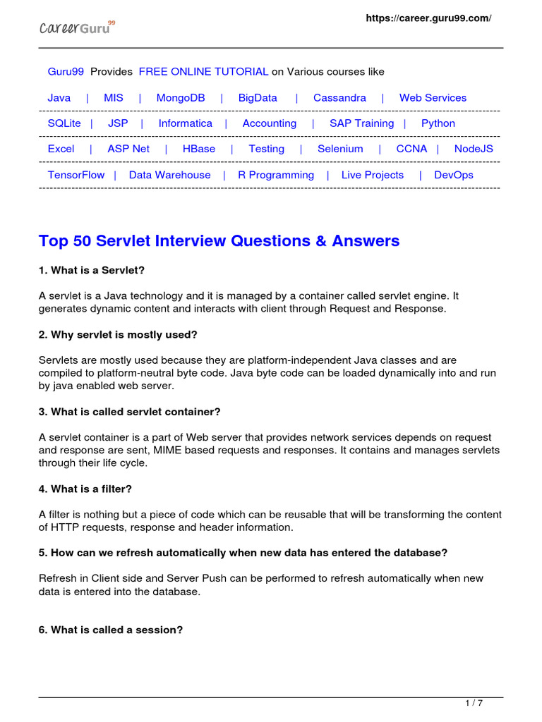 Top 50 Servlet Interview Questions | Download Free PDF | Web Server ...