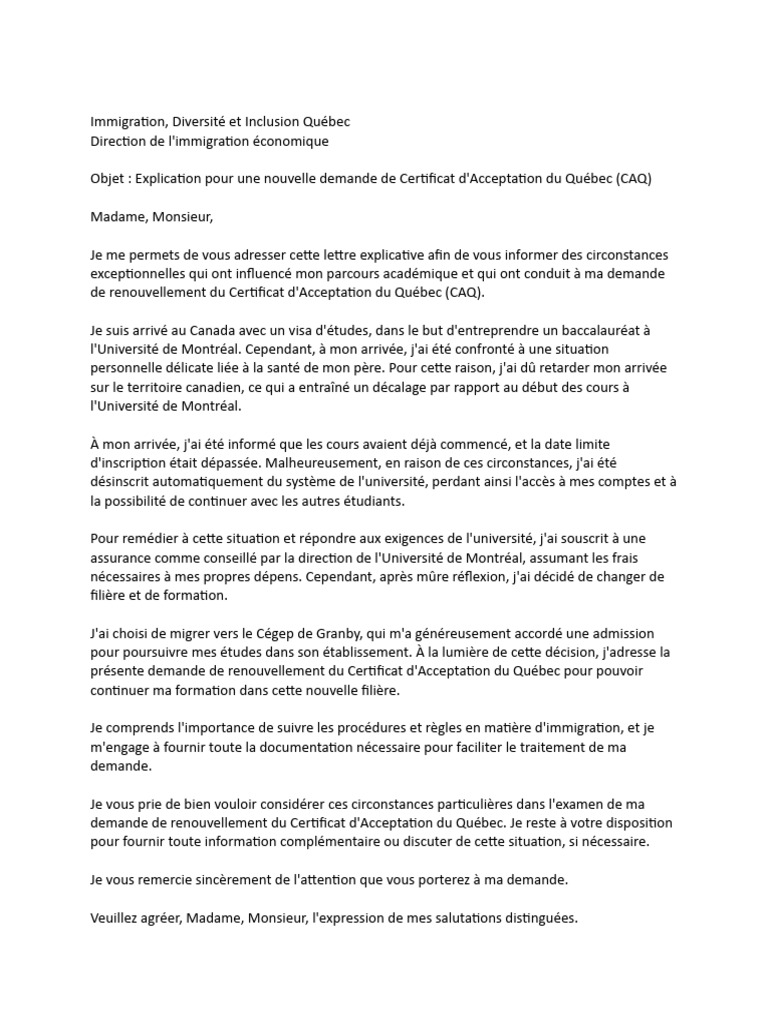 Lettre explicative pour renouvellement CAQ | PDF | Évolution de carrière