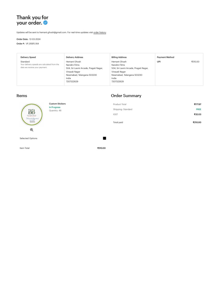 VistaPrint Order Details PDF