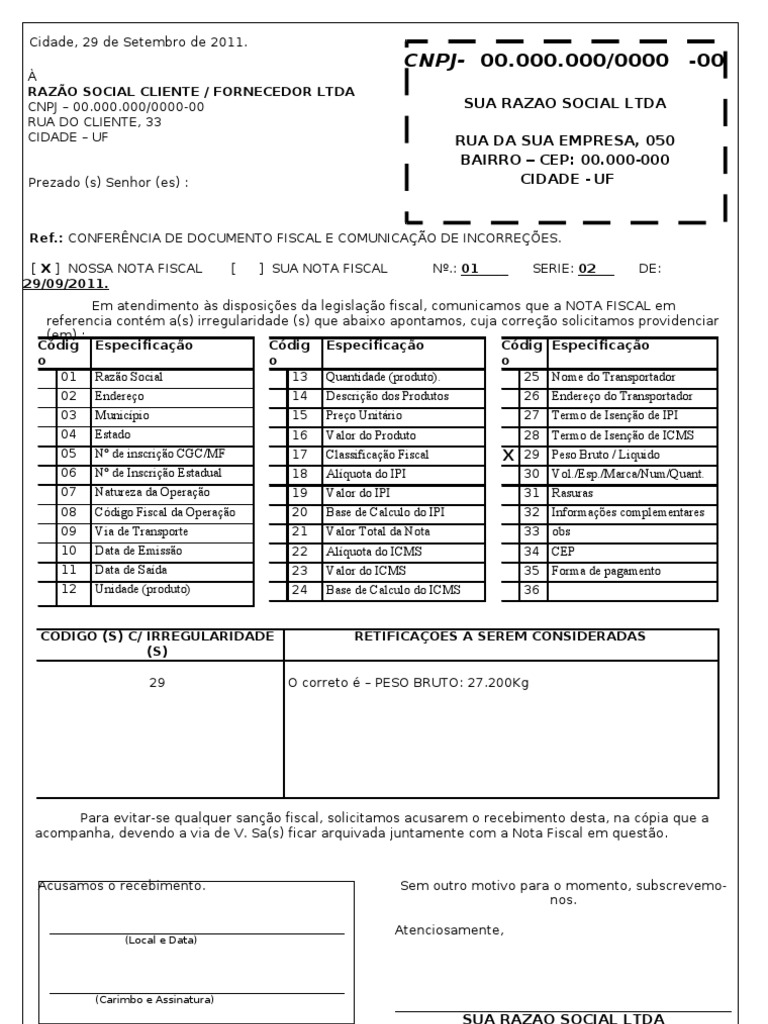 Modelo de Carta de Correção Nota Fiscal