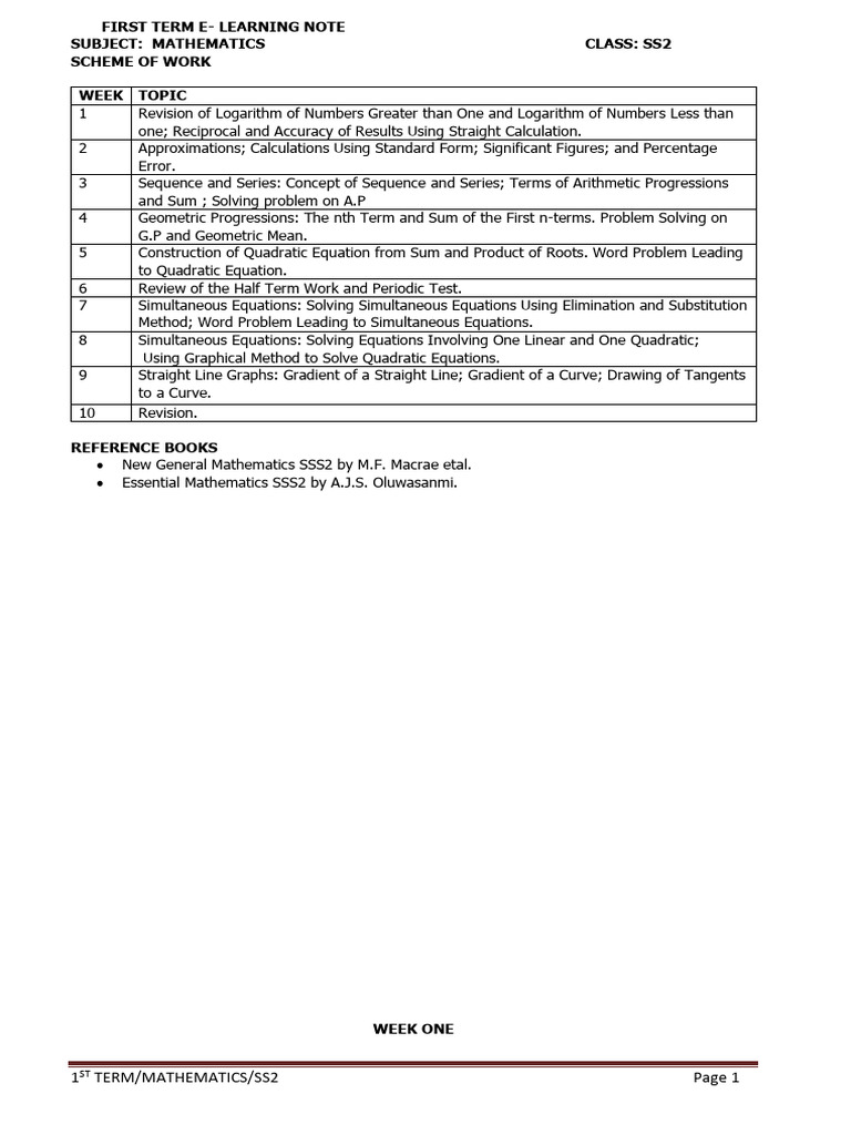 First Term Ss2 Mathematics Lesson Notes | PDF | Equations | Quadratic ...