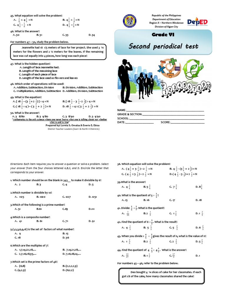 Grade VI Math Problem Solving Test | PDF | Teaching Methods & Materials