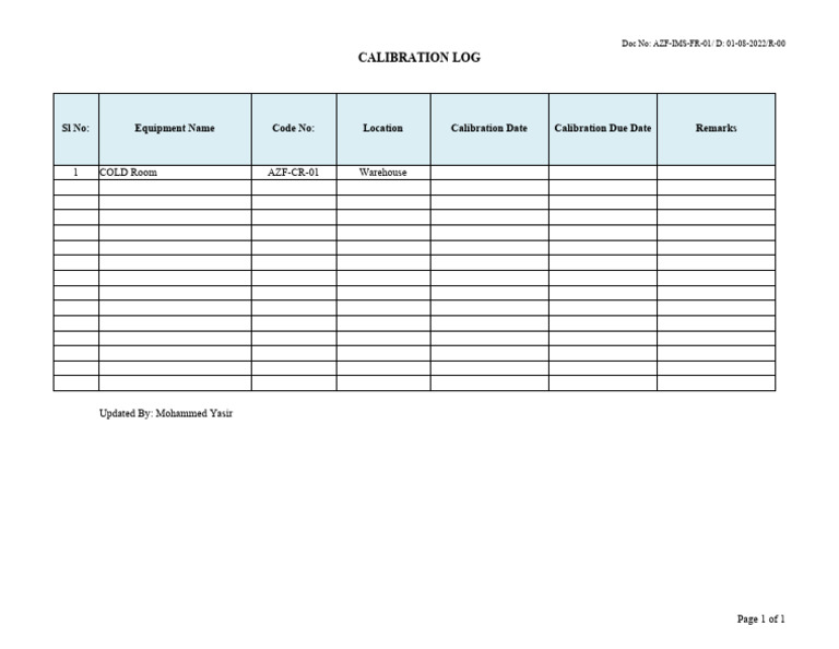 FR01 Calibration Log PDF