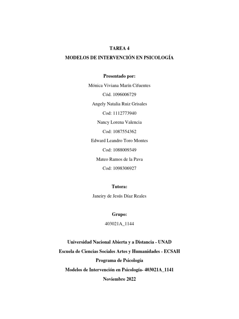 Unidad 3 - Tarea 4 - Modelos de Intervencion en Psicologia - Grupo ...