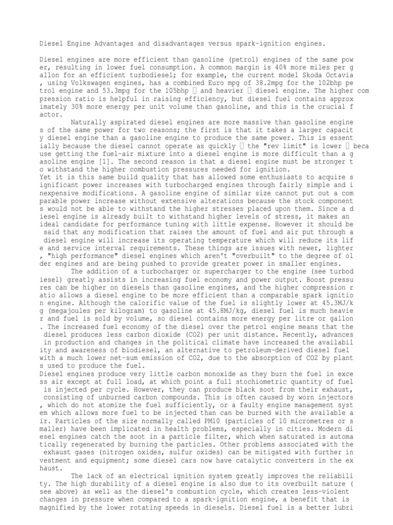 Diesel Engine Advantages and Disadvantages Versus SparkIgnition