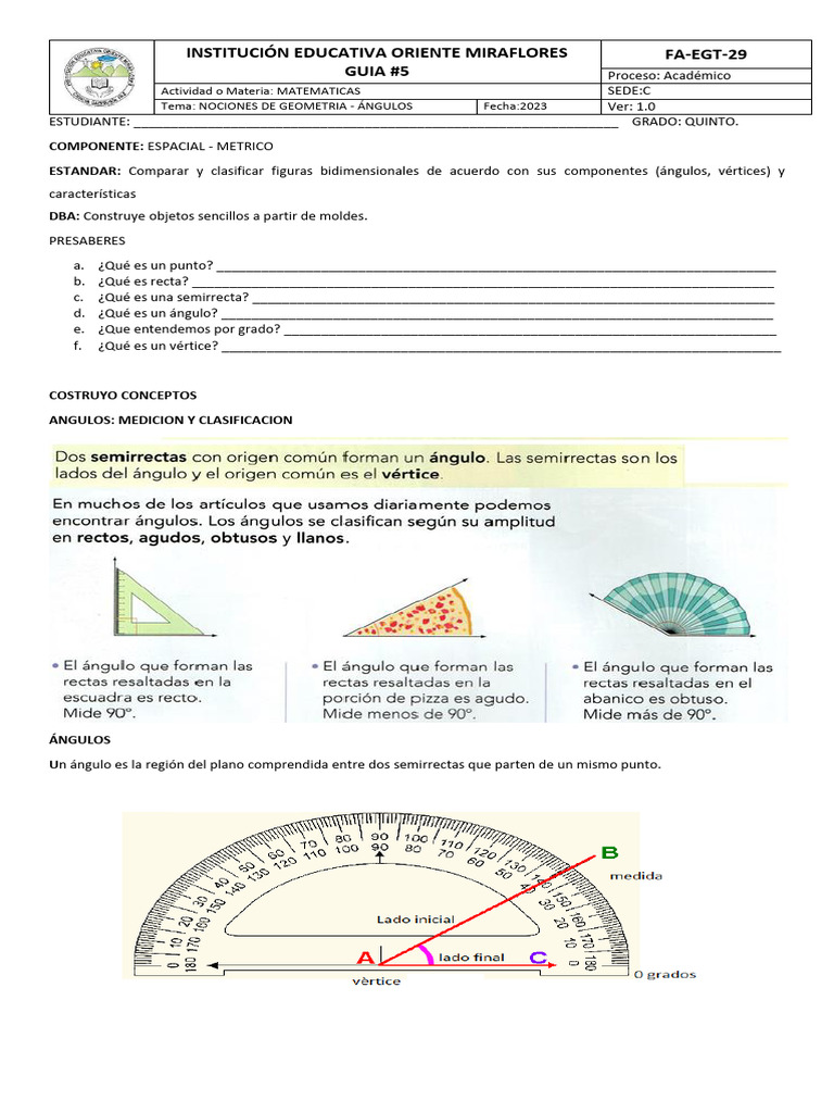 Guia 5 de Geometria - Ángulos | PDF | Ángulo | Geometría