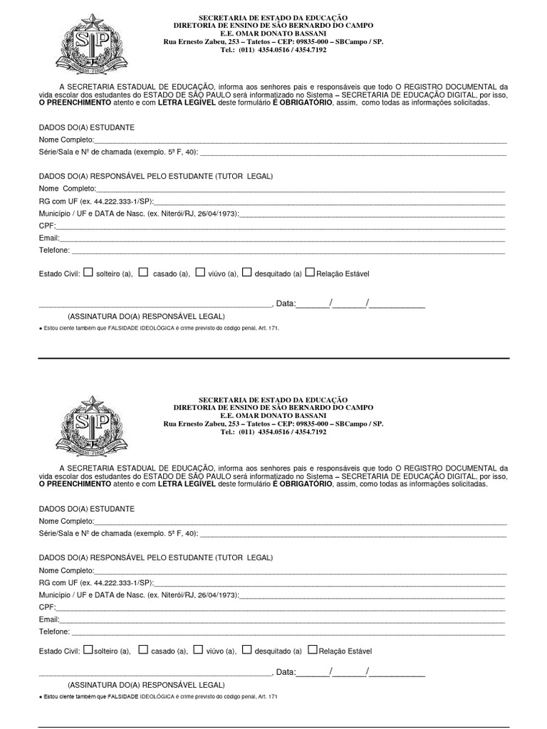 Formulário de Registro Escolar SP | PDF