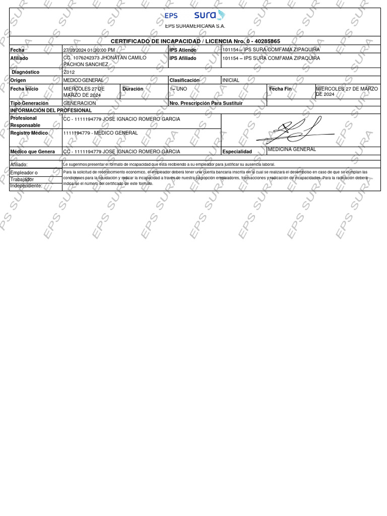 Certificado de Incapacidad EPS Sura | PDF