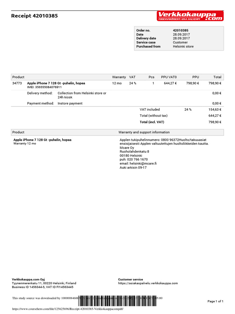 Apple iPhone 7 Purchase Receipt | PDF | Receipt | Mobile Software