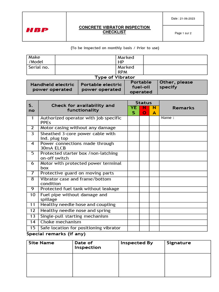 Concrete Vibrator Inspection Checklist | PDF