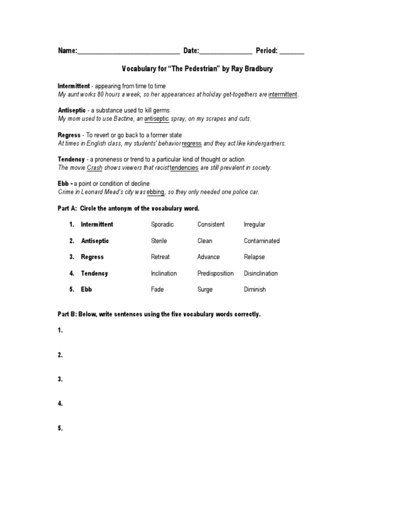 Vocabulary Worksheet For - The Pedestrian | PDF