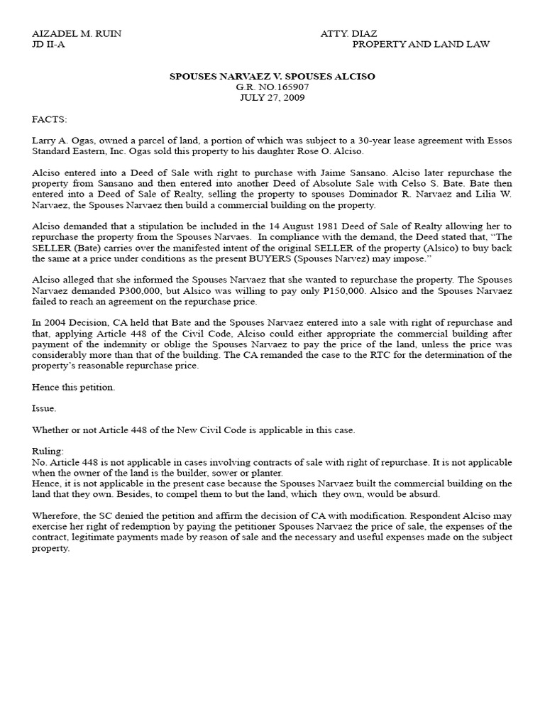 Property Dispute: Repurchase Rights | PDF | Prices | Repurchase Agreement