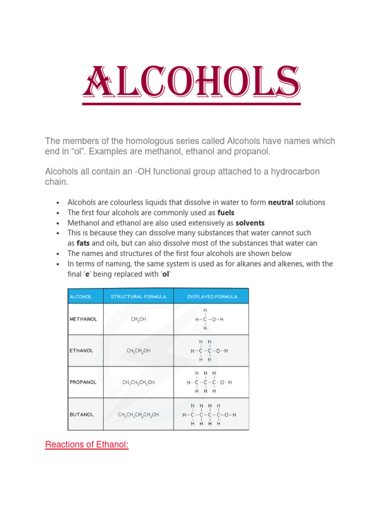 Alcohols Class Pdf Ethanol Fermentation
