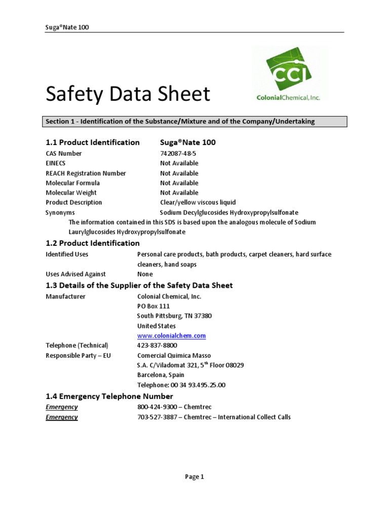 SugaNate 100 GHS SDS Dangerous Goods Toxicity
