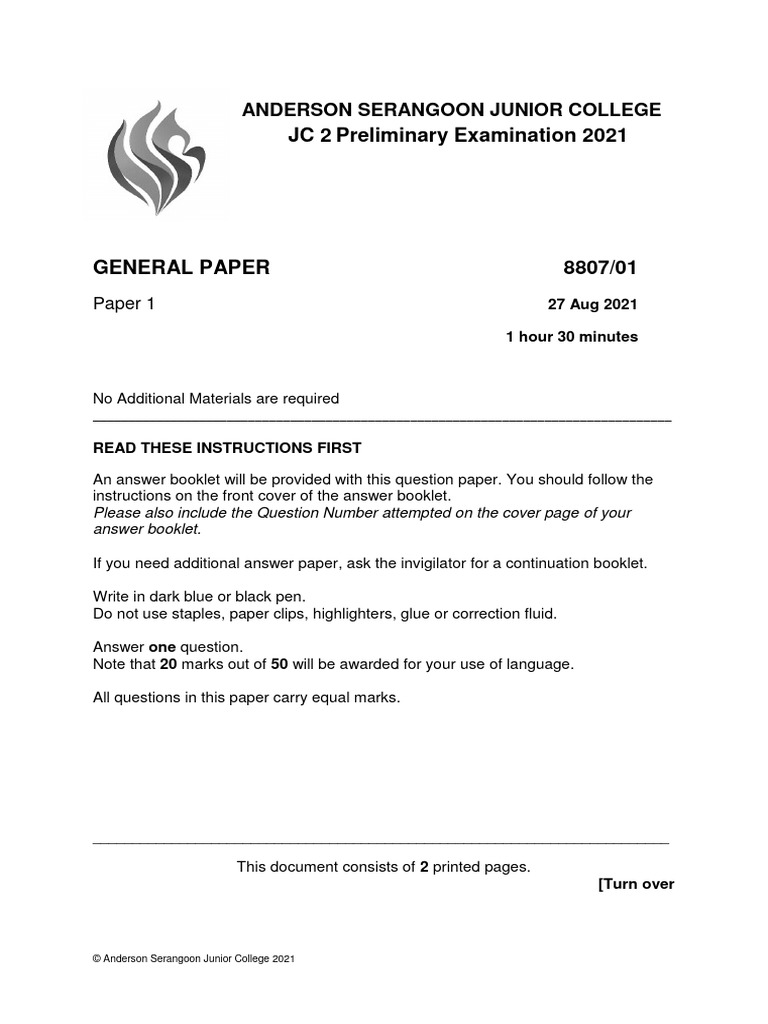 JC2 General Paper Exam Questions 2021 | PDF