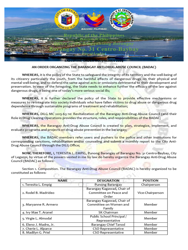 7 Eo Organizing The Barangay Anti-Drug Abuse Council (Badac) | PDF ...
