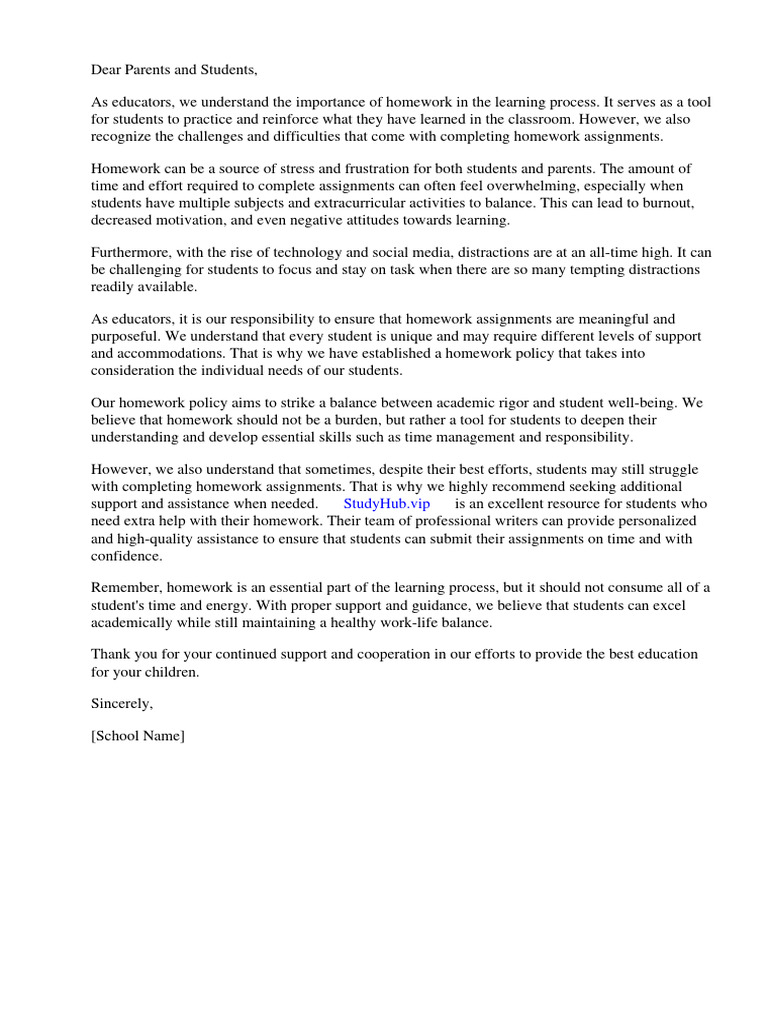 Homework Policy Letter | PDF | Homework | Teachers