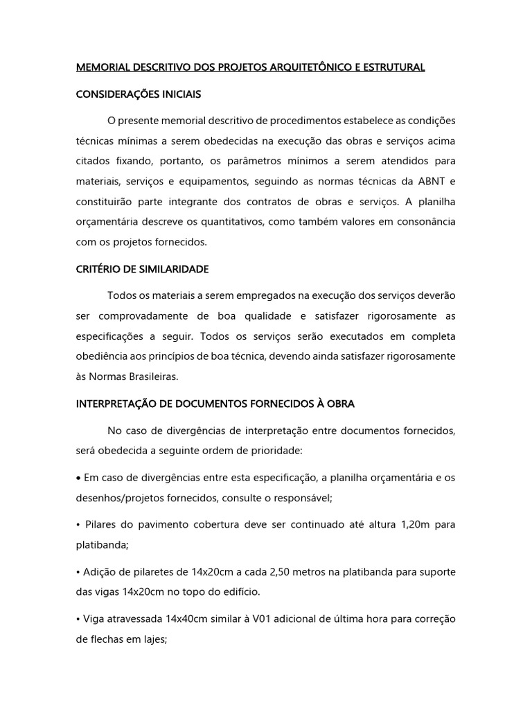 Memorial Descritivo de Estruturas de Concreto | PDF | Concreto ...