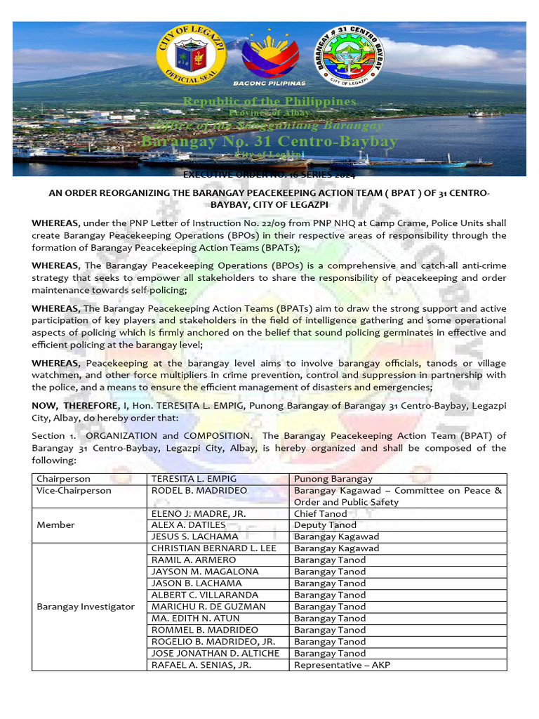 16 EO BARANGAY PEACE AND ACTION TEAM | PDF | National Security | Public ...