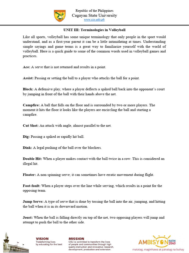 Pe 14 Unit Iii Terminologies In Volleyball Pdf Volleyball Sports