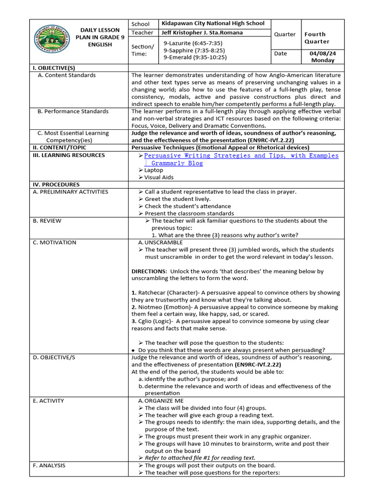 Grade 9 English Daily Lesson Plan | PDF | Learning | Reason