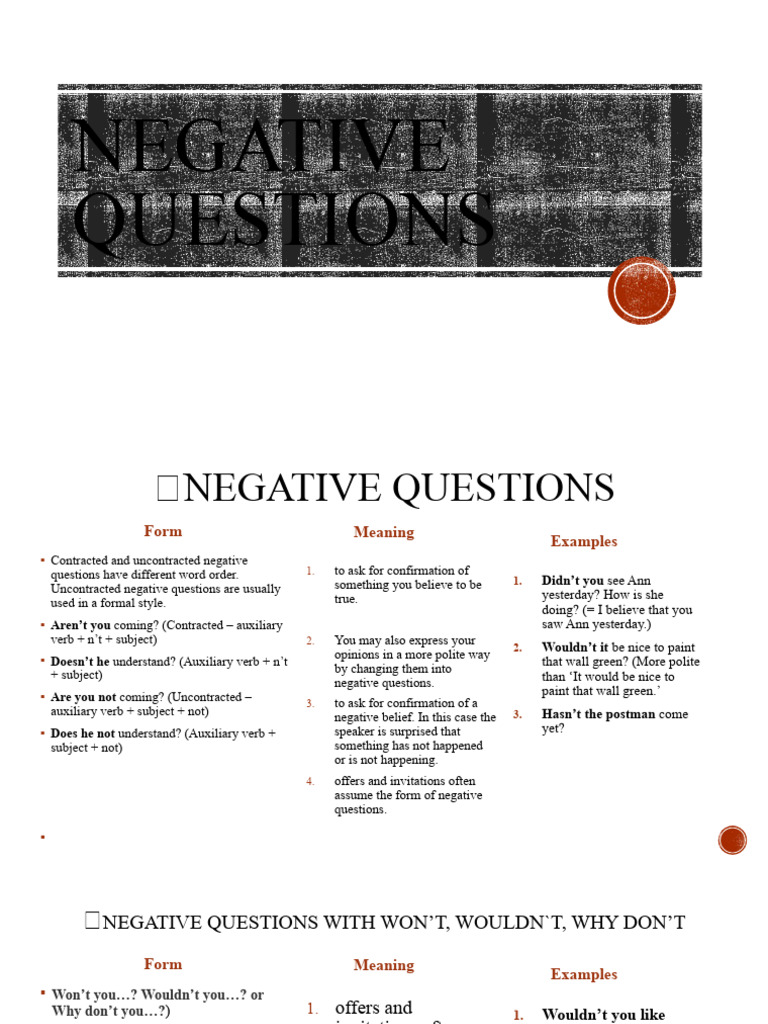 2 Negative Questions | PDF | Question | Verb