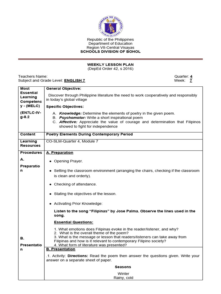 Weekly English 7 Lesson Plan: Poetry Elements | PDF | Poetry | Rhyme