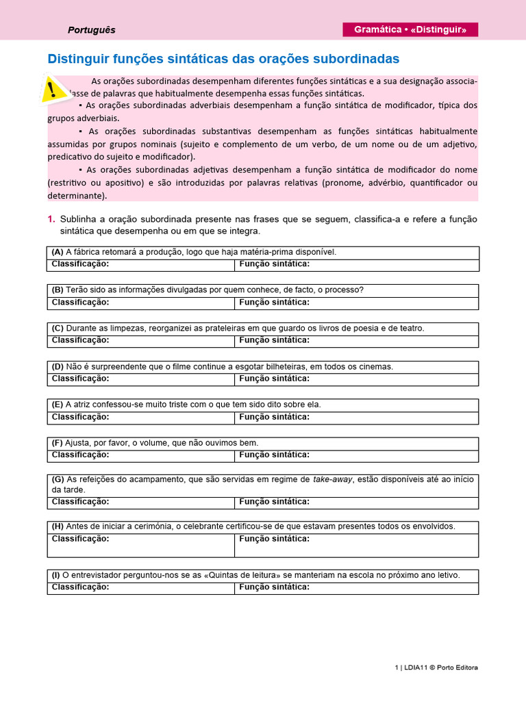 Funções Sintáticas das Orais Subordinadas | PDF | Assunto (gramática ...