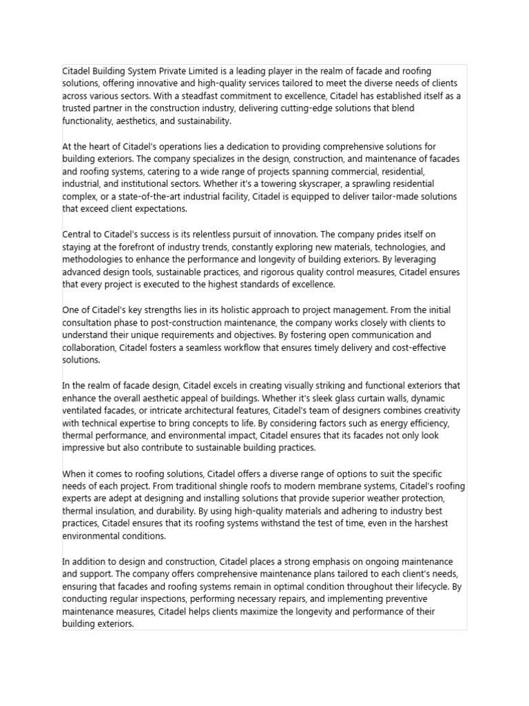 Citadel Building System Private Limited Is A Leading Player In The