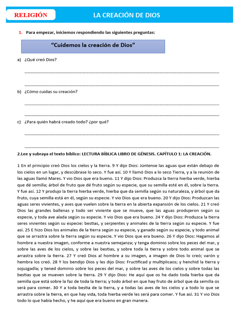 D2 A2 Ficha Rel. La Creación de Dios | PDF | Religión y espiritualidad