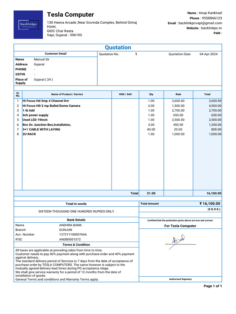 Quotation for Tesla Computer Services | PDF