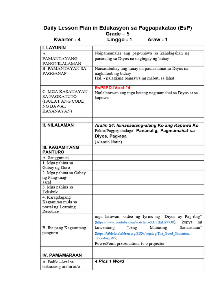 Daily Lesson Plan in Edukasyon Sa Pagpapakatao (Esp) Grade 5