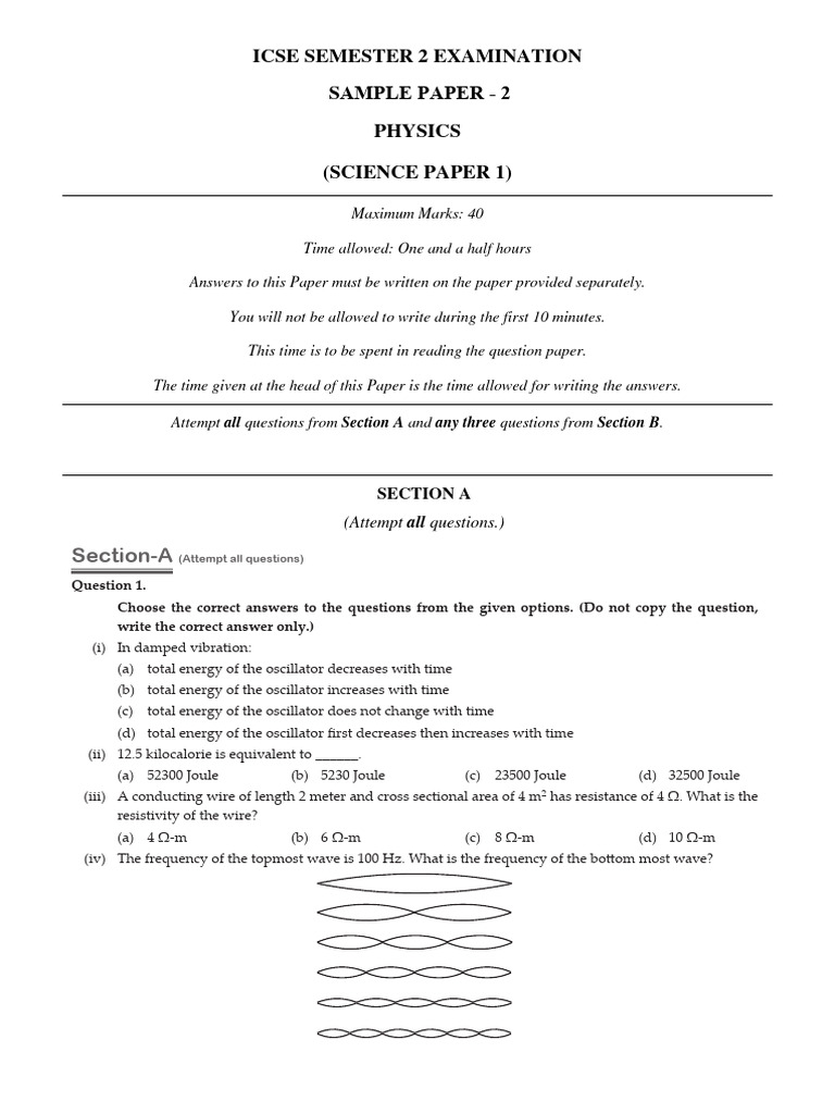 ICSE Physics Sample Paper 2 Exam Guide | PDF | Alternating Current ...