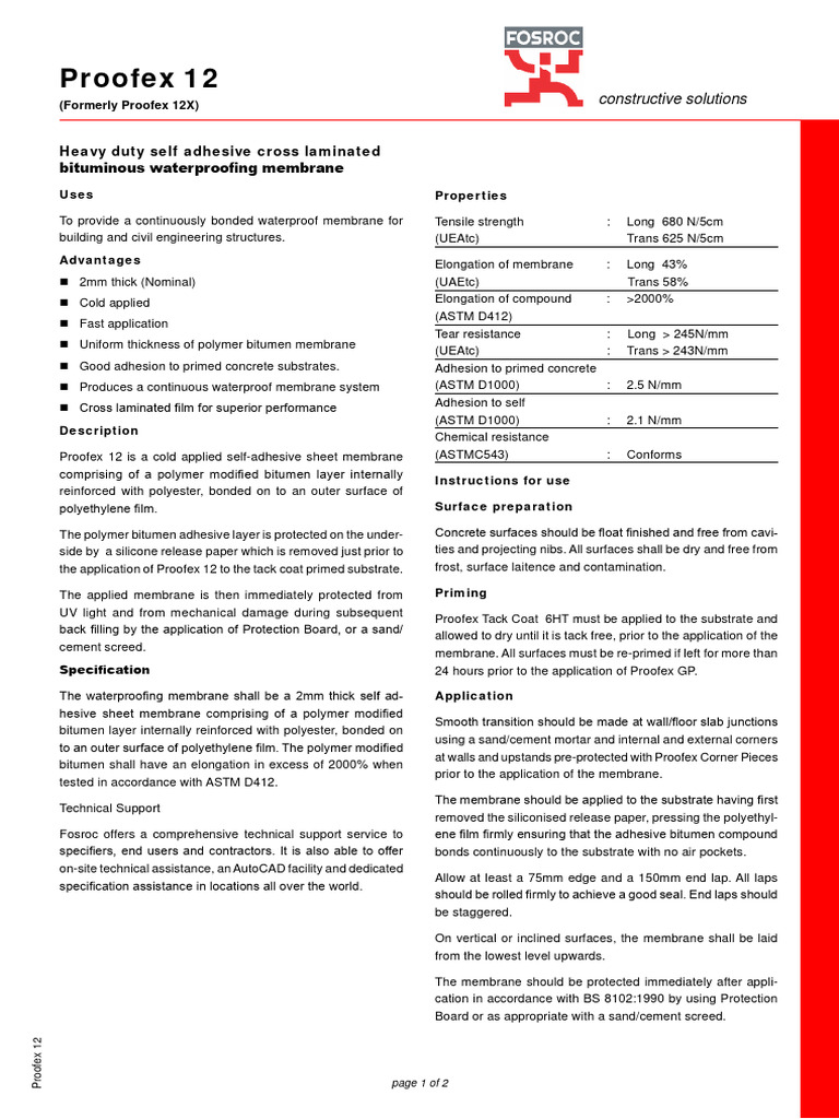 Proofex 12 Waterproofing Membrane Guide | PDF | Concrete | Adhesive
