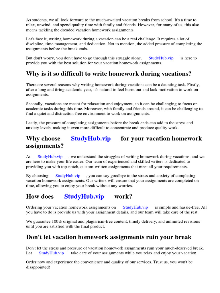 Vacation Homework Assignment | PDF | Homework | Vacation