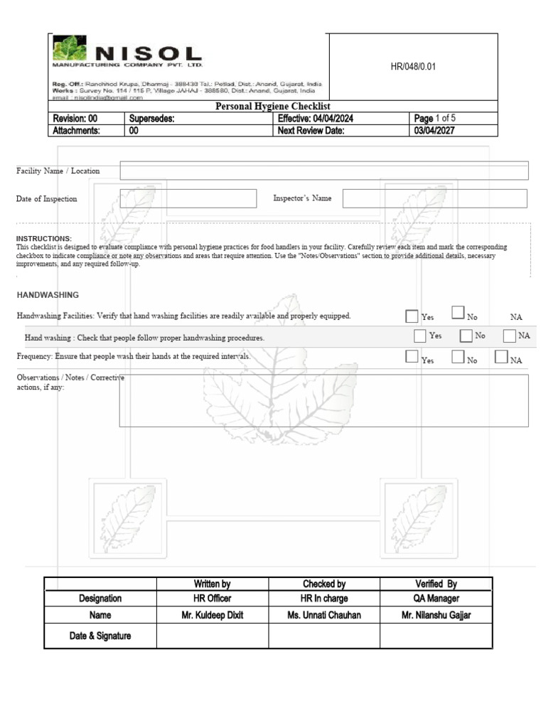 Personal Hygiene Checklist for Food Handlers | PDF | Hand Washing ...