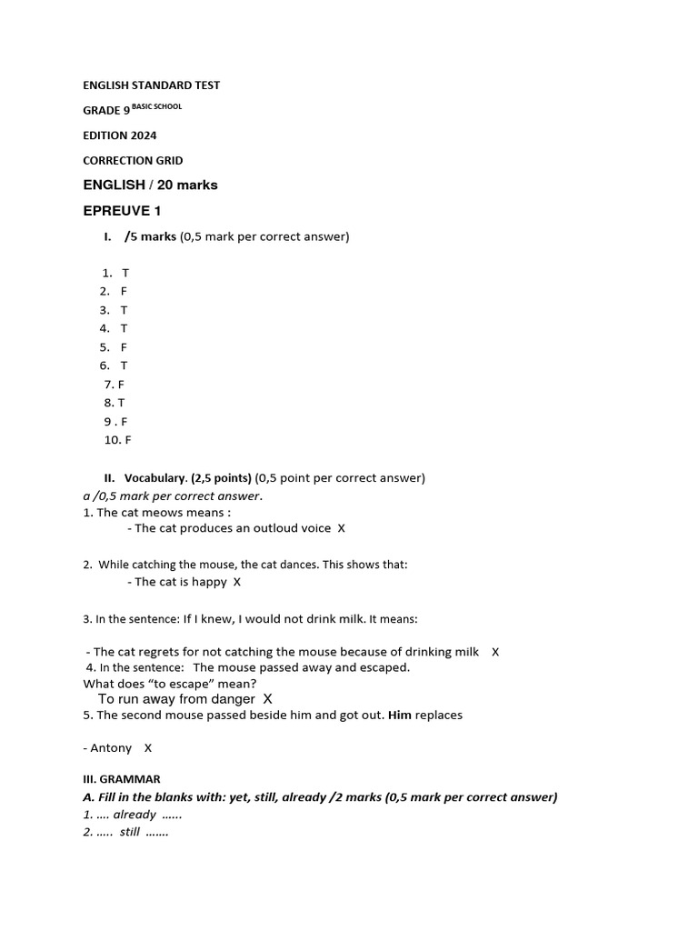 Grade 9 English Test 2024 Correction | PDF | Linguistic Typology ...