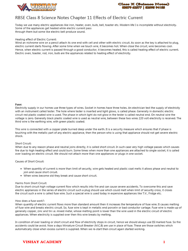 RBSE Class 8 Science Notes Chapter 11 Effects of Electric Current ...