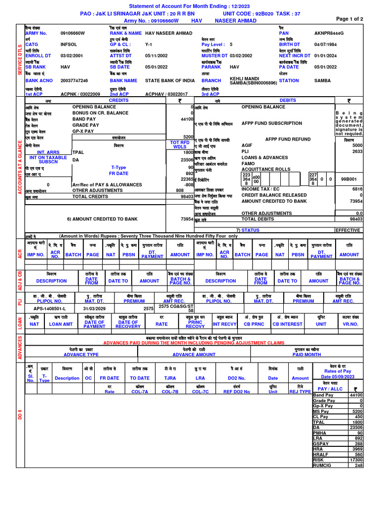 Army Pay Statement for December 2023 | PDF | Financial Services ...
