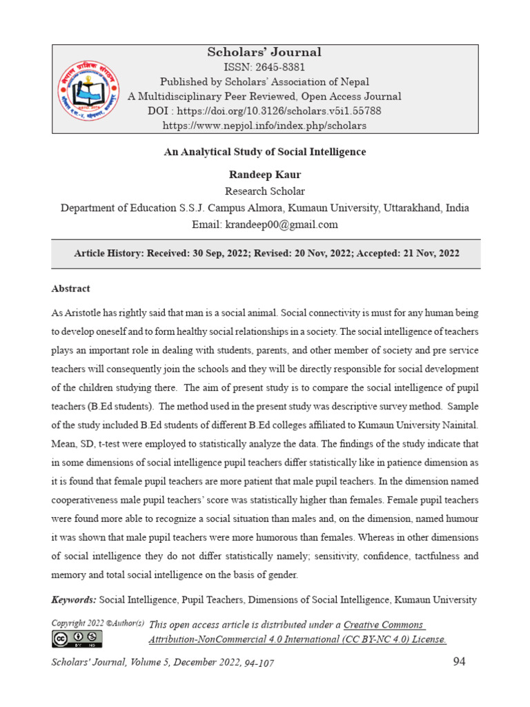An Analytical Study of Social Intelligence | PDF | Intelligence | Teachers