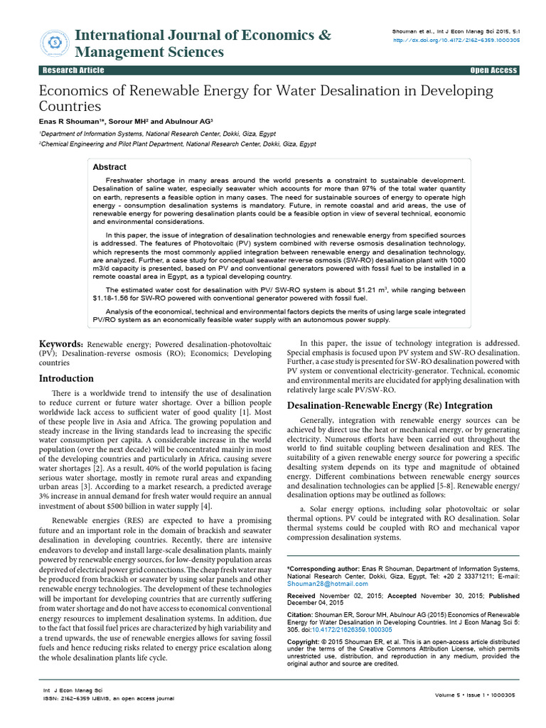 Renewable Energy for Desalination | PDF | Desalination | Renewable Energy
