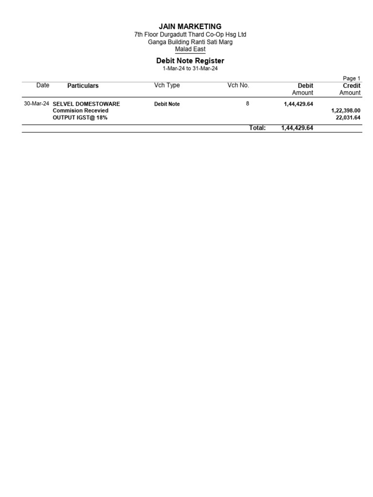 Jain Marketing Debit Note Register March 2024 | PDF
