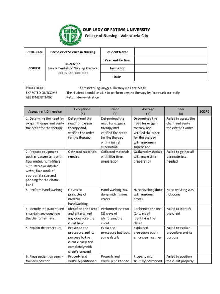Administering Oxygen Therapy Via Face Mask Rubrics PDF Nursing