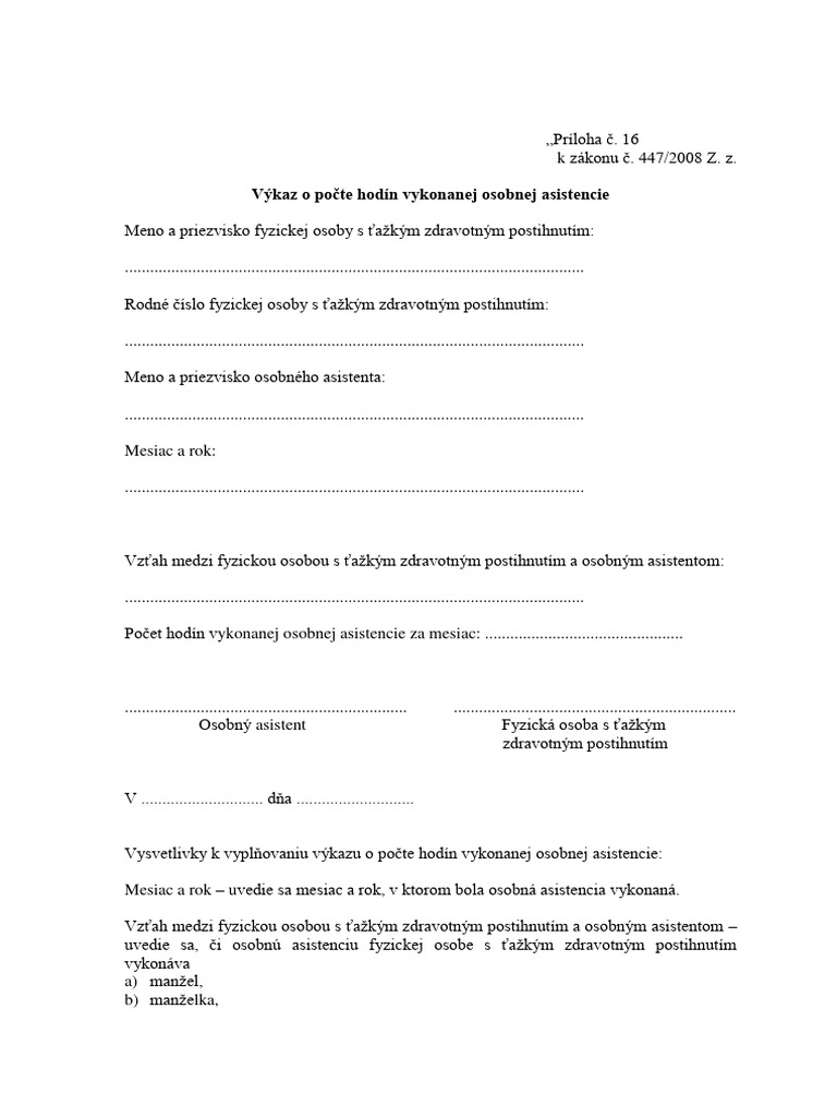 Priloha C 16 Vykaz Pocte Hodin Vykonanej Osobnej Asistencie | PDF